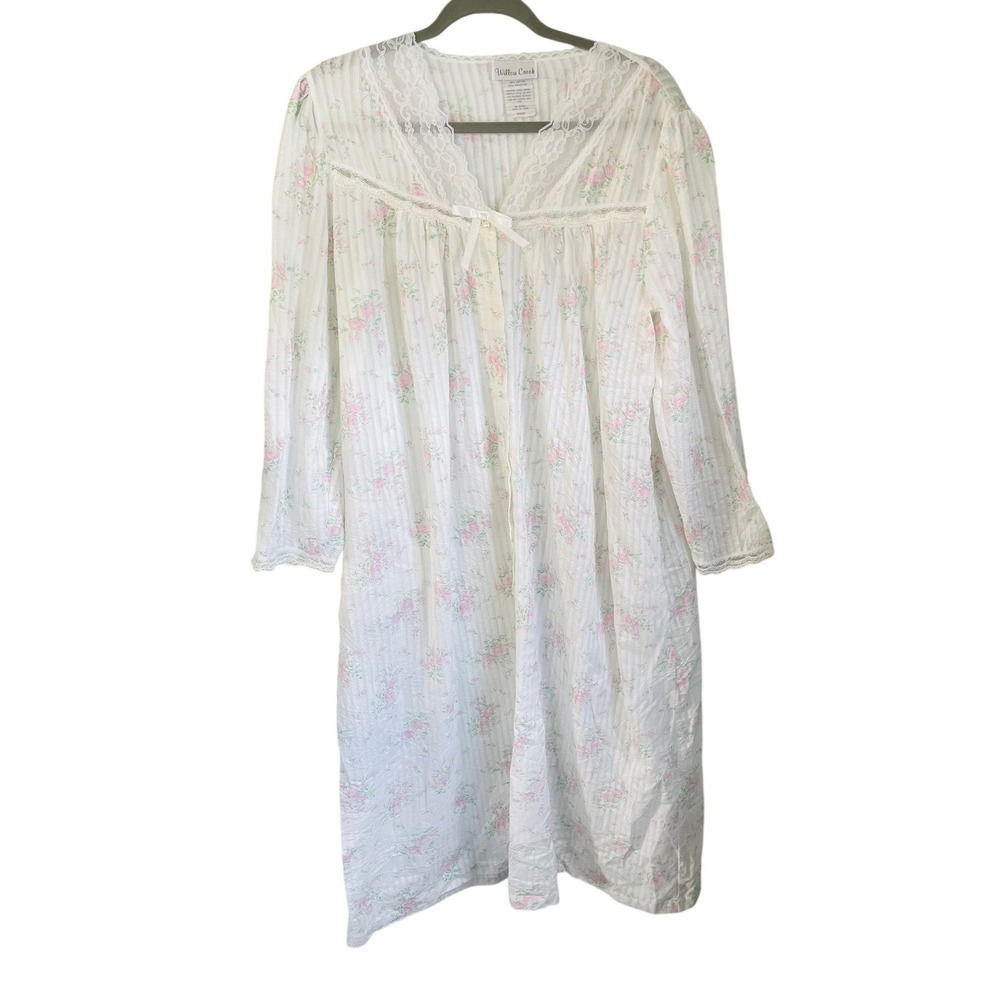 Vintage Willow Creek Womens Medium White‎ Floral Lace Nightgown Pink Green Rose